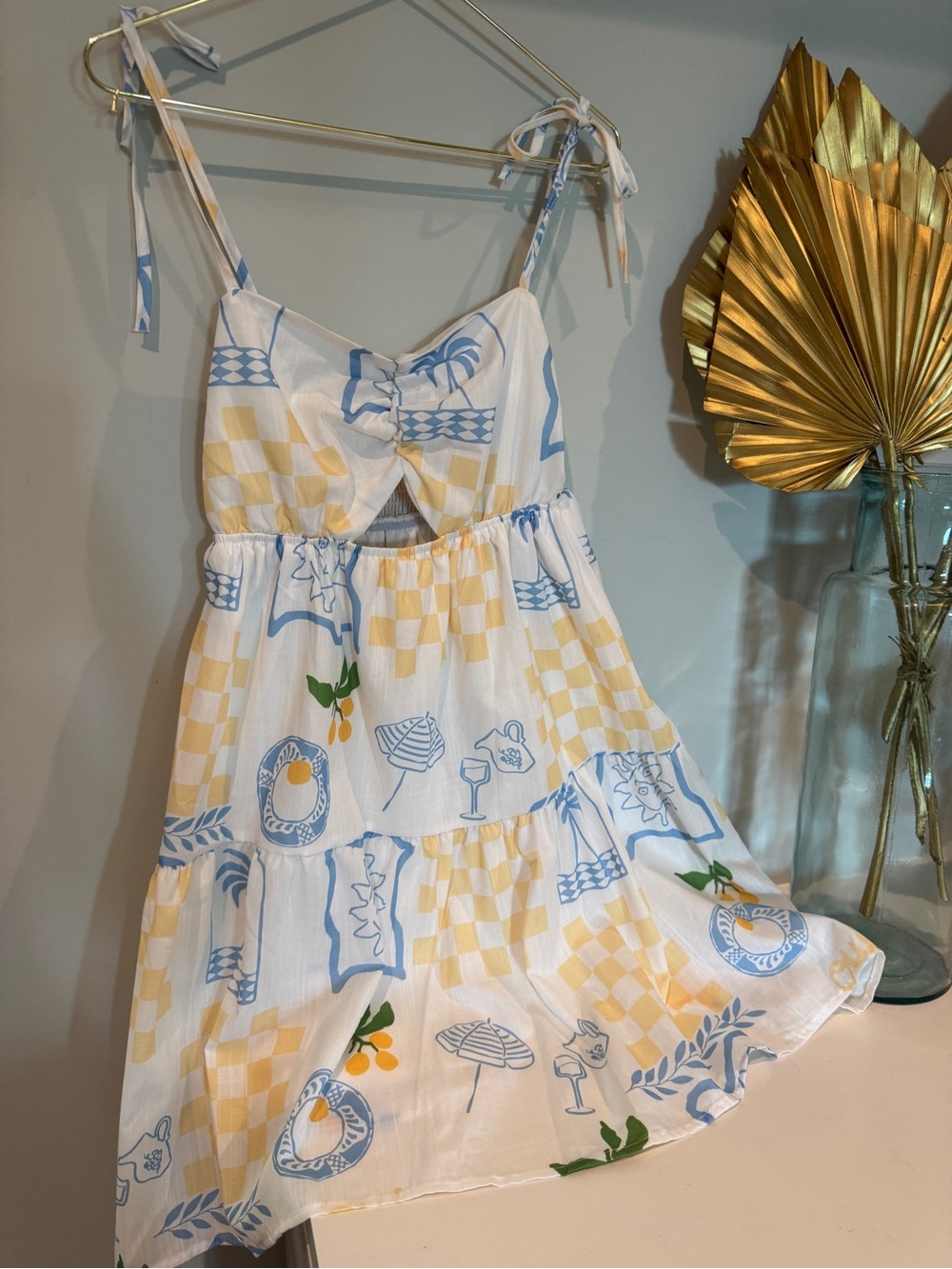 White Tie-Shoulder Summer Dress with Yellow Check & Blue Print